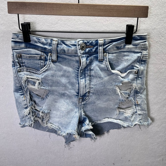 American Eagle hi-Rise Distressed Shortie Shorts Womens 6 Blue Denim 2370 - Picture 1 of 8